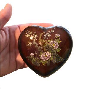 Vintage Asian Trinket Jewelry Box Peacock Floral Hand Painted ceramic keepsake